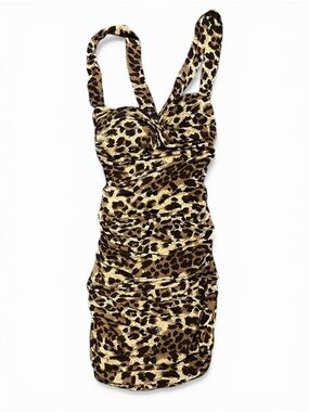 Leopard Print Ruched Bodycon Dress - Brown